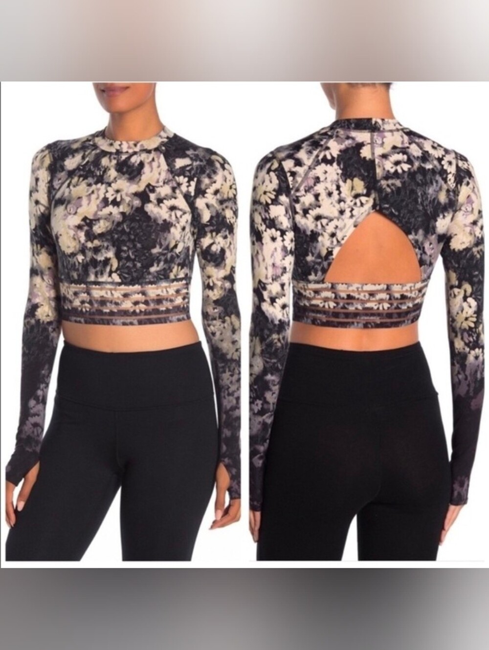 FP Movement Dark Night Idris Mesh Panel Floral Crop Top Long Sleeve Sz Med